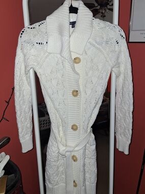 Girl's Cream Cable-Knit Long Cardigan Sweater with Belt